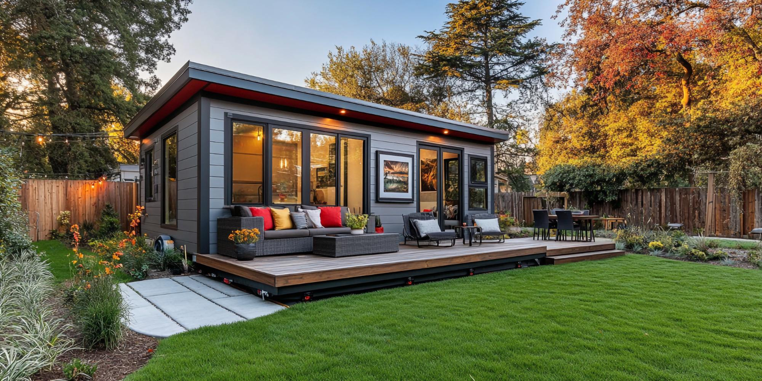 Modern backyard accessory dwelling unit with a wood deck