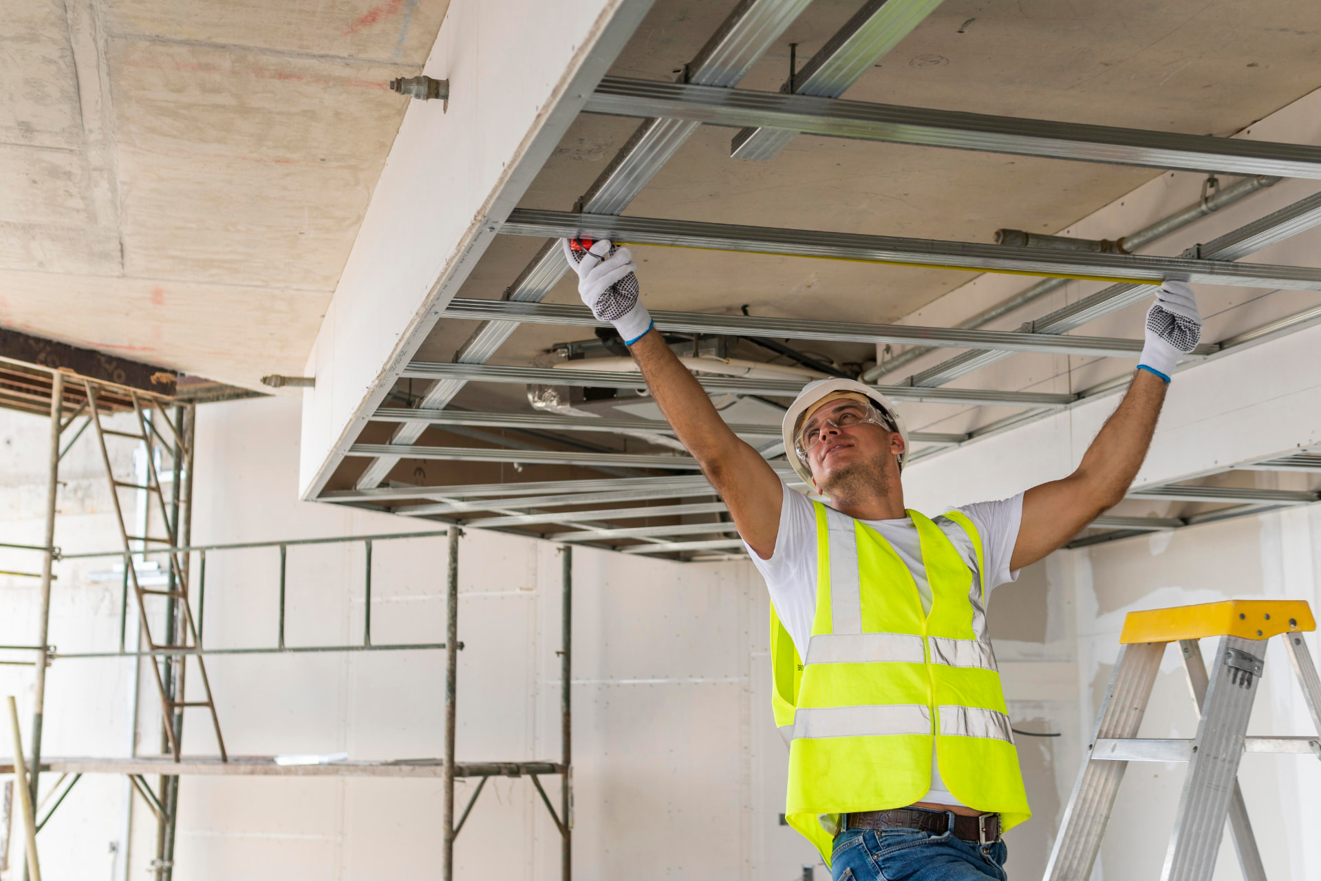 Wise Gies Construction team member installing a commercial ceiling system