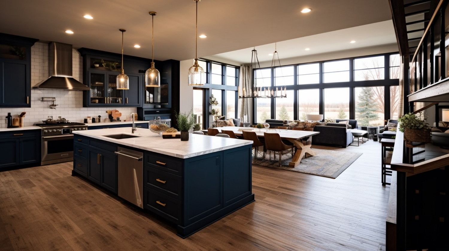 Completed open-concept kitchen and living area after a full home renovation